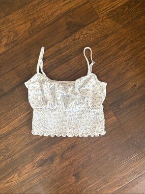 Hollister Smocked Floral Cami Crop Top - White with Light Blue Floral